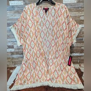 NWT Rock & Roll Denim Aztec Kimono W Crochet Natural Trim